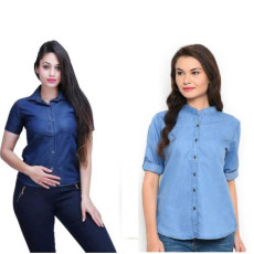 Women's Denim Solid Shirt Buy 1 Get 1 Fre Fabric Denim 